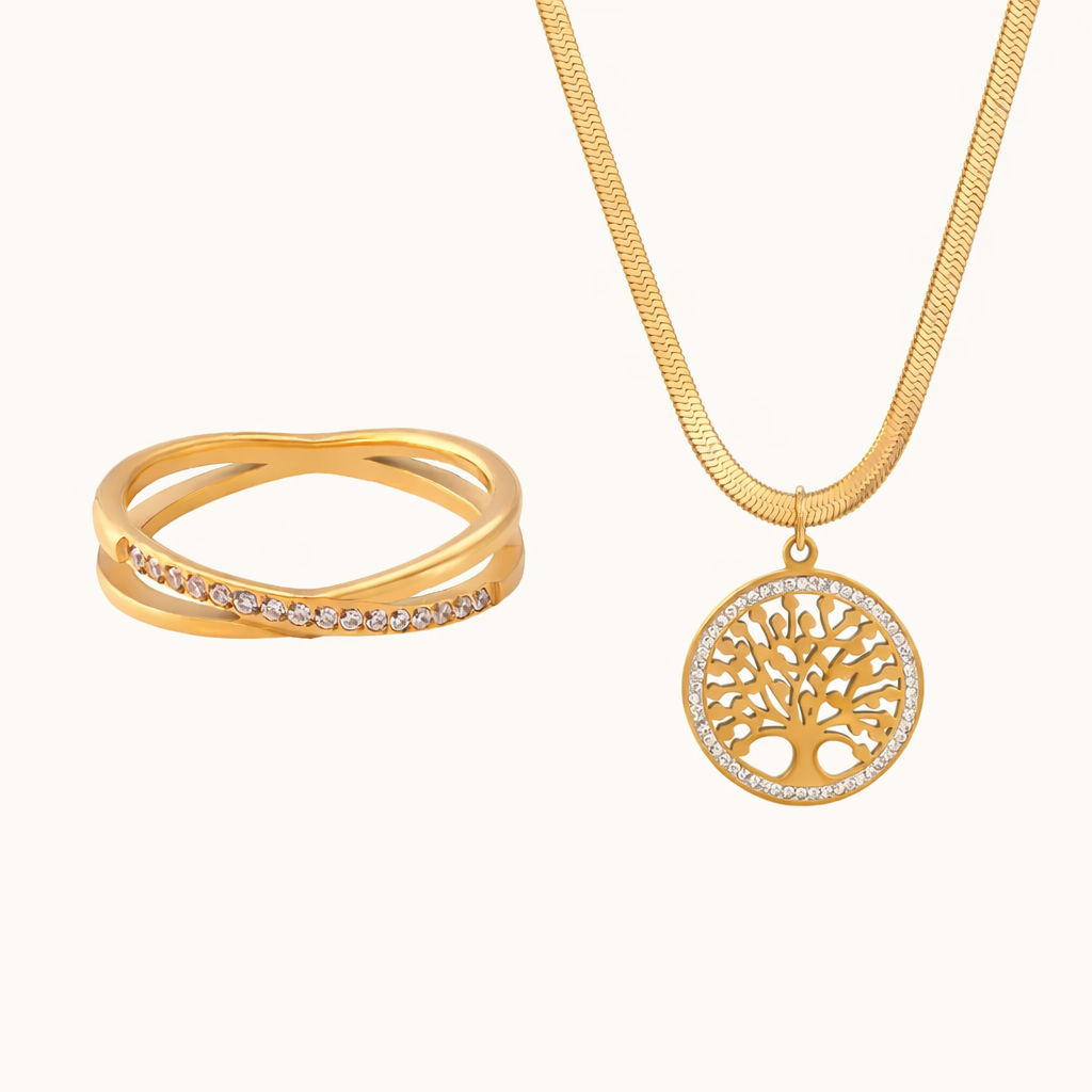 Cross-Over Stones Lined Twist Ring + Tree of Life Necklace